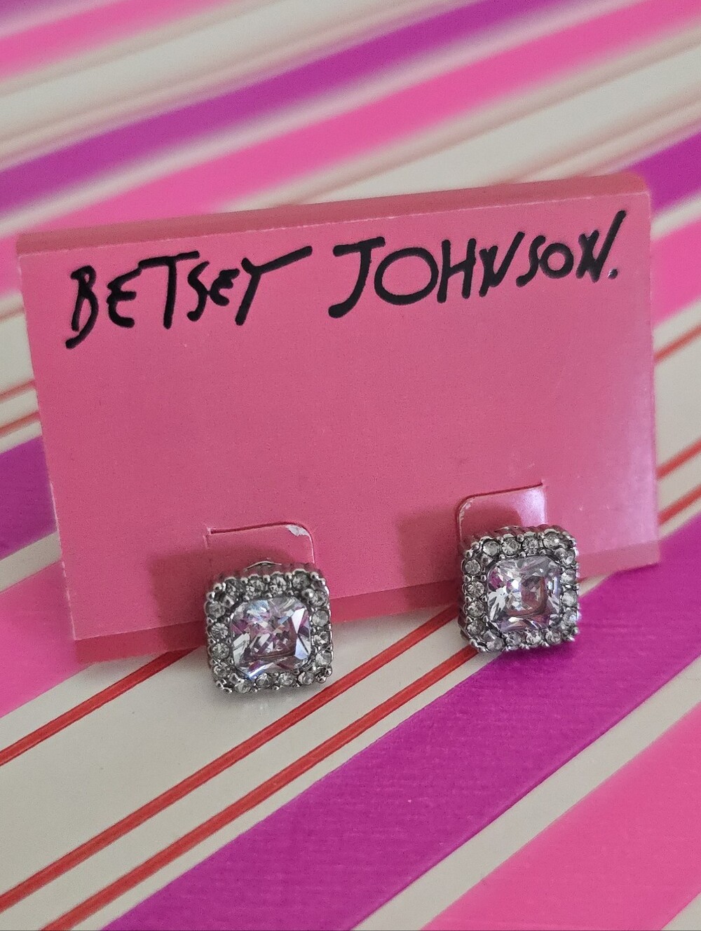 Betsey Johnson Silver-Tone Pink Crystal Halo Stud Earrings